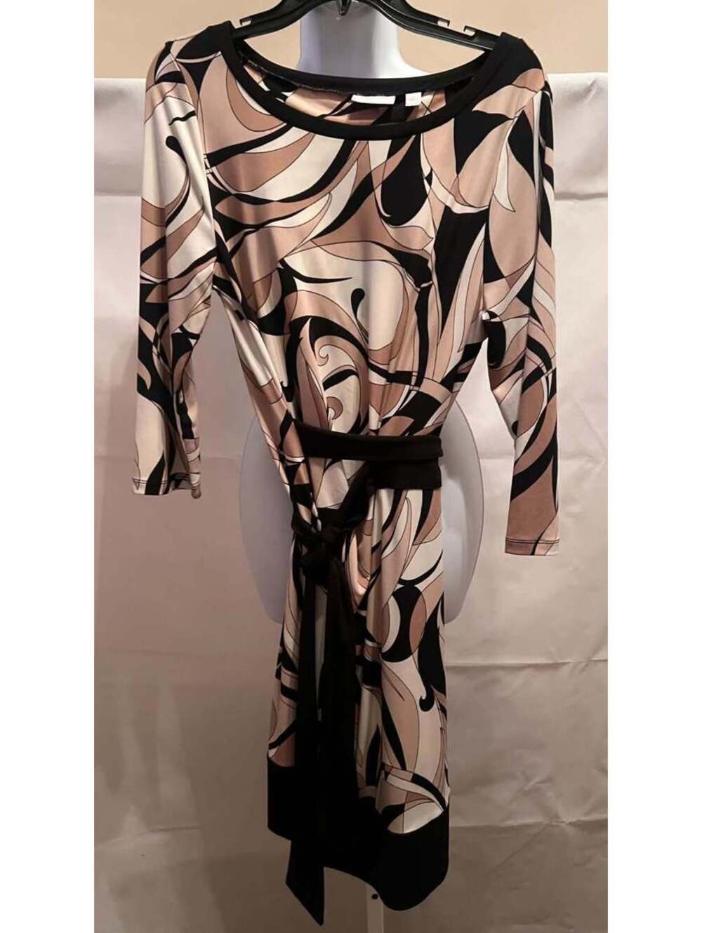 New York & Company L Abstract Swirl Belted Stretch Sheath Dress Black Tan